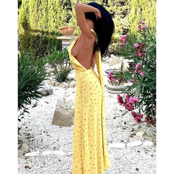 Rumored Yellow‎ Floral Halter Midi Wrap Dress XS Sirena Windswept Wedding Guest - Picture 1 of 6
